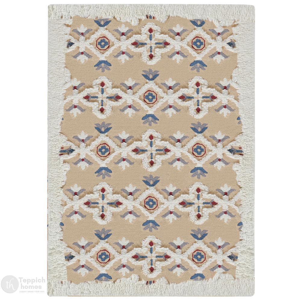 Image of Tufted area rug, Beige and White color, 5x8, 6x10, 7x10, 8x13, Hallway, Living room, Wool carpet, Geometric rugs
