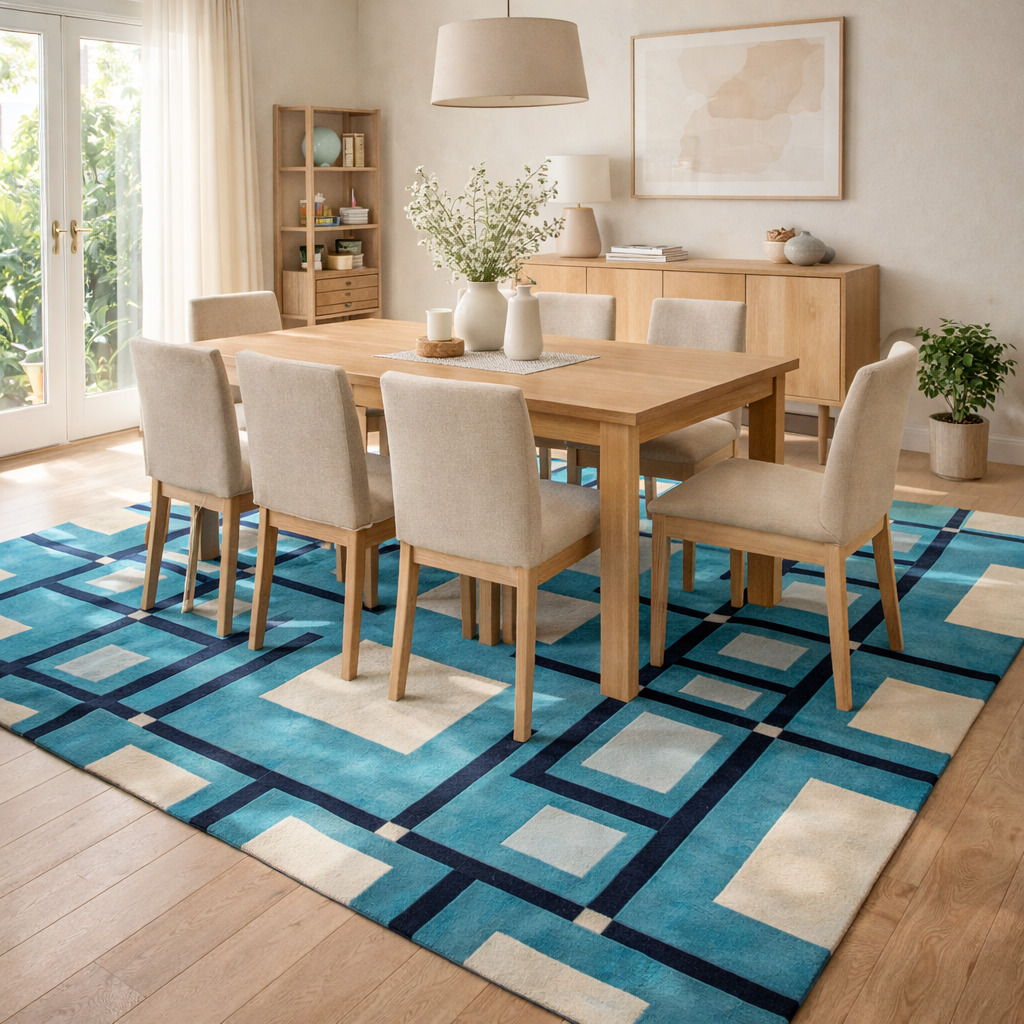 Bedroom rug 5x8  Geometric carpet  Tufted area rugs  6x8 6x9 7x10 8x13  Wool carpets  Blue color  Hand tuft