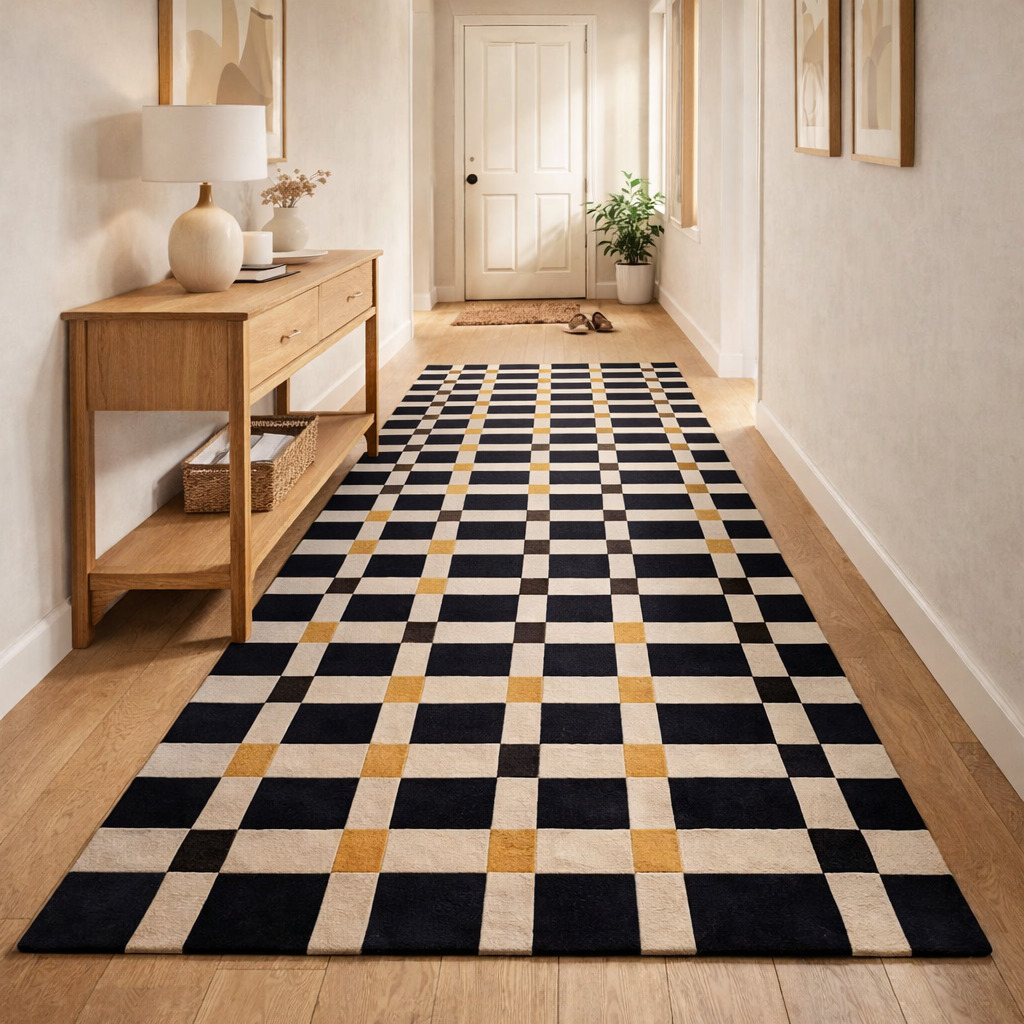 Hallway rug  Geometric carpet  Wool area rugs  8x13 9x10 9x12 10x14  Tufted carpet  Black and Beige color