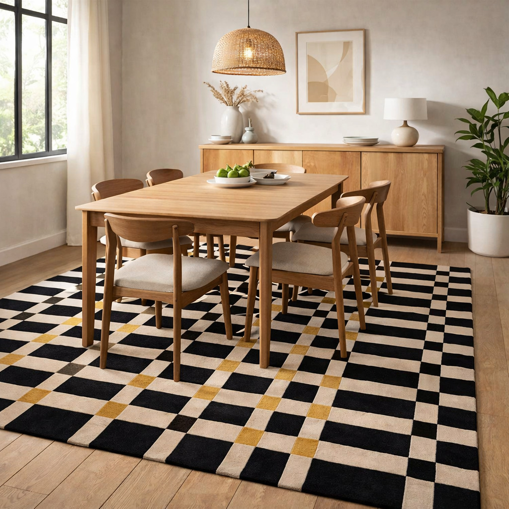 Hallway rug  Geometric carpet  Wool area rugs  8x13 9x10 9x12 10x14  Tufted carpet  Black and Beige color