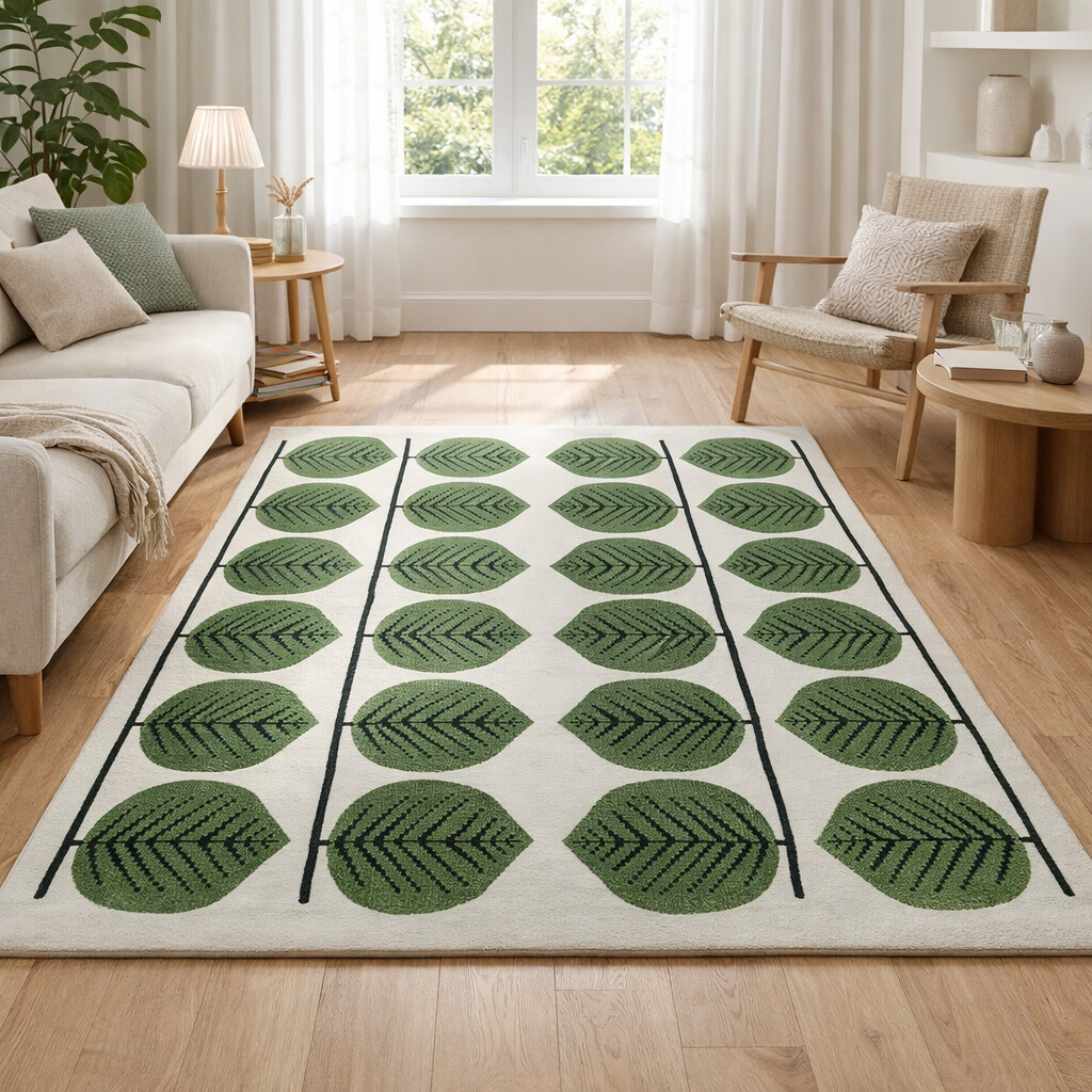 Hand Tufted Wool Rug Leaves Pattern 6x9 8x10 9x12 10x10 Sizes Dining Room Living Room Bedroom Hallway Cozy White