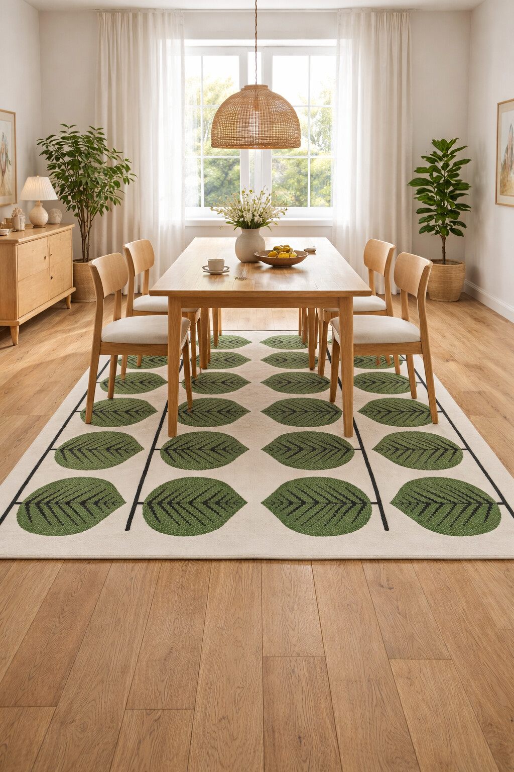 Hand Tufted Wool Rug Leaves Pattern 6x9 8x10 9x12 10x10 Sizes Dining Room Living Room Bedroom Hallway Cozy White