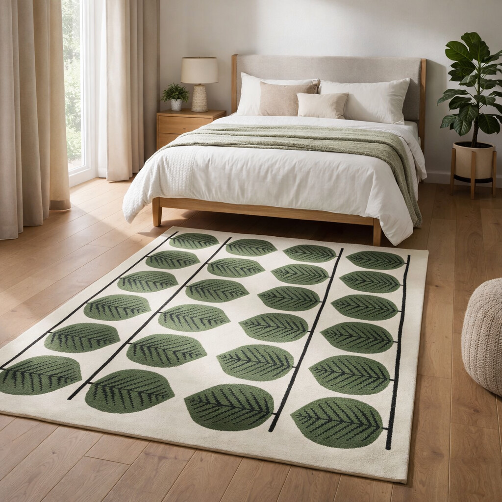 Hand Tufted Wool Rug Leaves Pattern 6x9 8x10 9x12 10x10 Sizes Dining Room Living Room Bedroom Hallway Cozy White