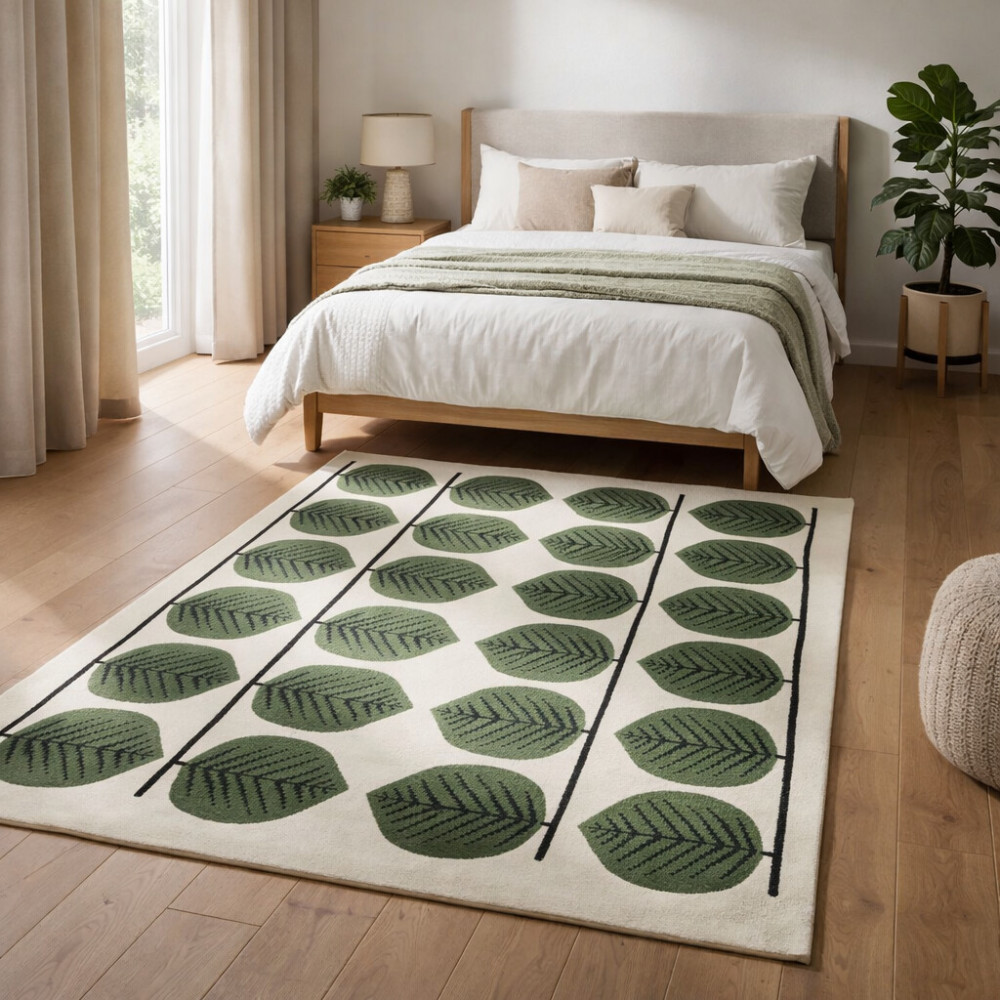 Image of Hand Tufted, Wool Rug, Leaves Pattern, 6x9, 8x10, 9x12, 10x10 Sizes, Dining Room, Living Room, Bedroom, Hallway, Cozy White