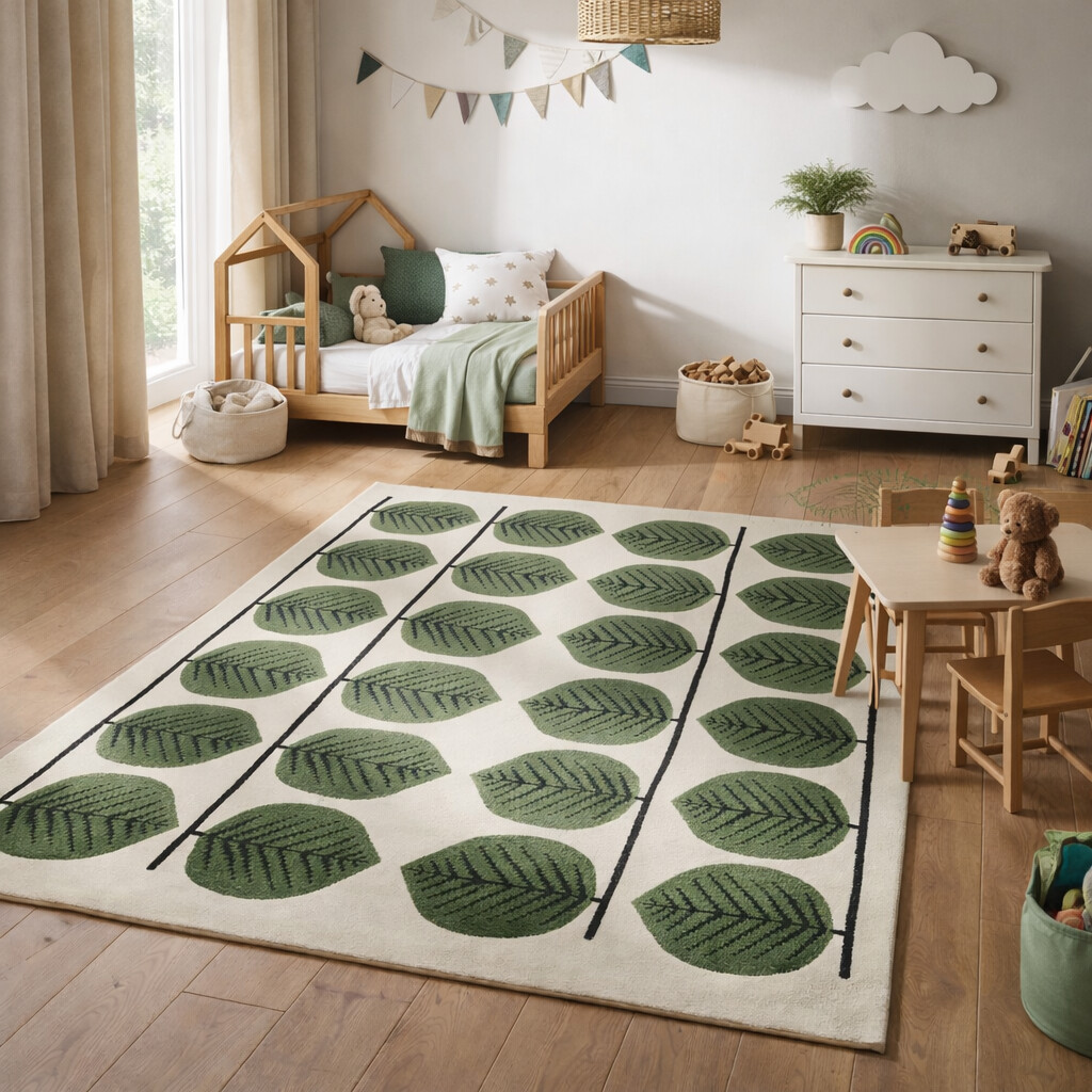 Hand Tufted Wool Rug Leaves Pattern 6x9 8x10 9x12 10x10 Sizes Dining Room Living Room Bedroom Hallway Cozy White