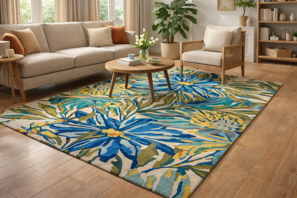 Image of Hand Tufted, Floral, Wool Rug, 5x7, 6x9, 8x11 &amp; 9x12, Colorful, Rectangle Rug, Bedroom, Living Room, Hallway Décor