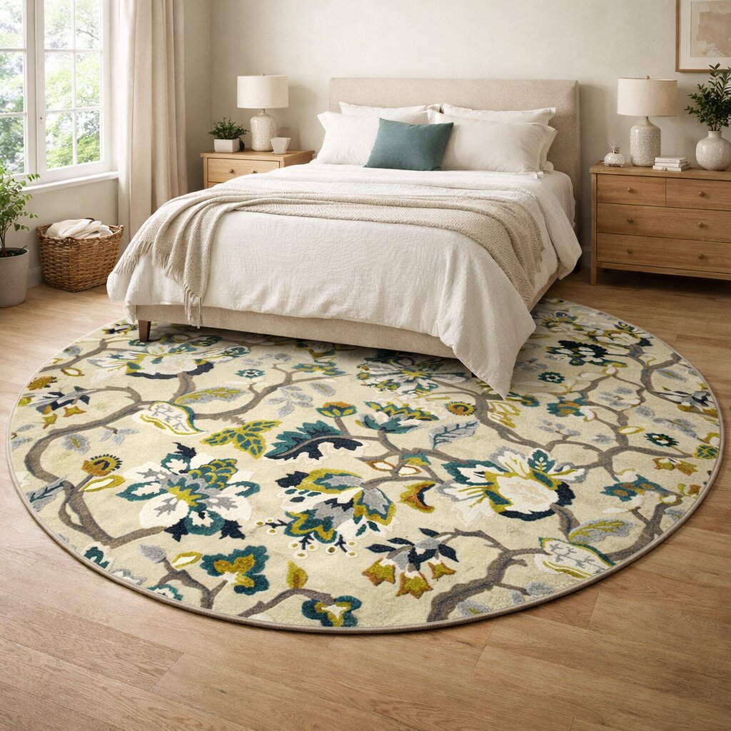 7x7 Round rug  Organic shape rug  Floral carpet  6x6 8x8 9x9 10x10  Round wool  Hand tufted  Bed Living room