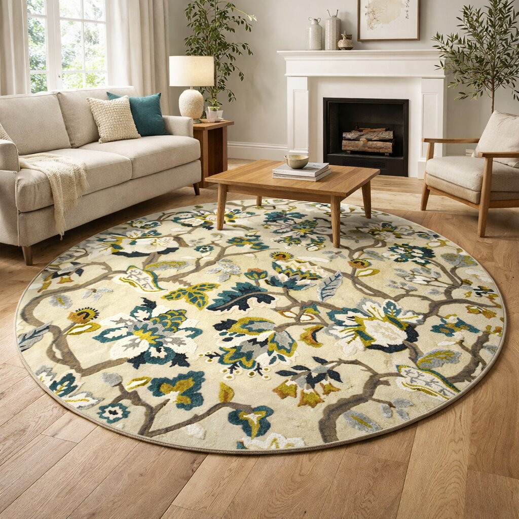 7x7 Round rug  Organic shape rug  Floral carpet  6x6 8x8 9x9 10x10  Round wool  Hand tufted  Bed Living room