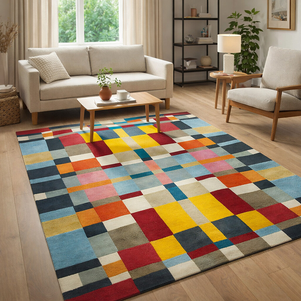 Multicolor Tiles Luxury Design Hand Tufted Area Rug for Living and Dining Room