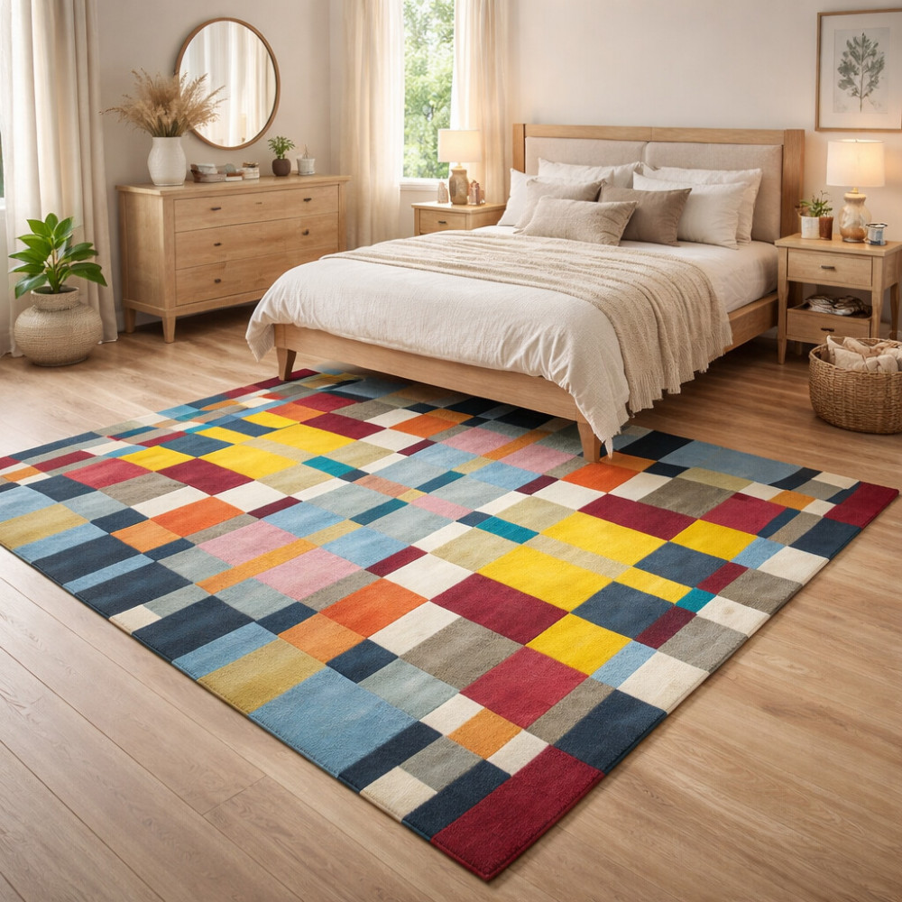 Image of Multicolor Tiles Luxury Design Hand Tufted Area Rug for Living and Dining Room