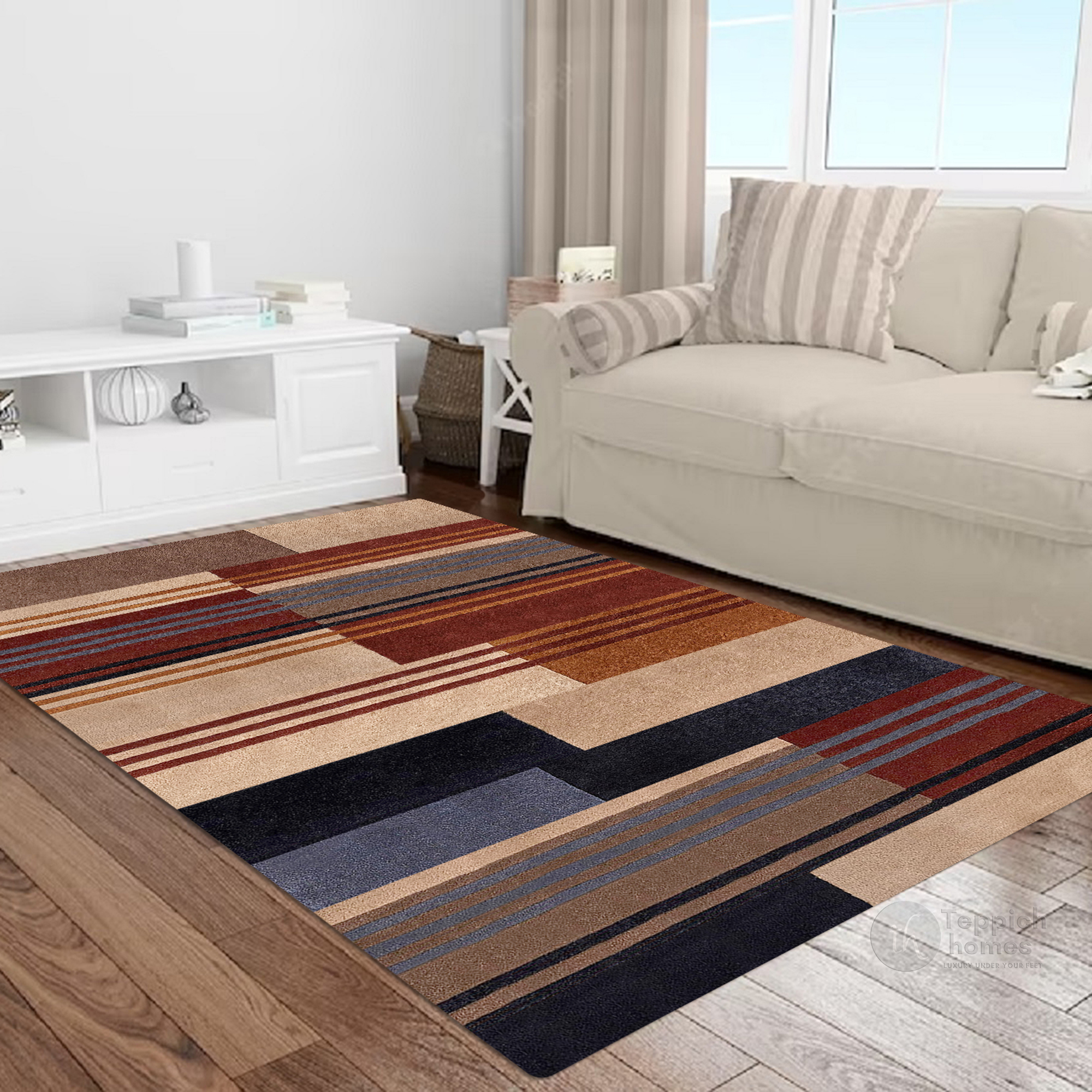 Modern Geometric Wool Area Rug Handmade Striped Carpet Contemporary Living Room and Bedroom Decor