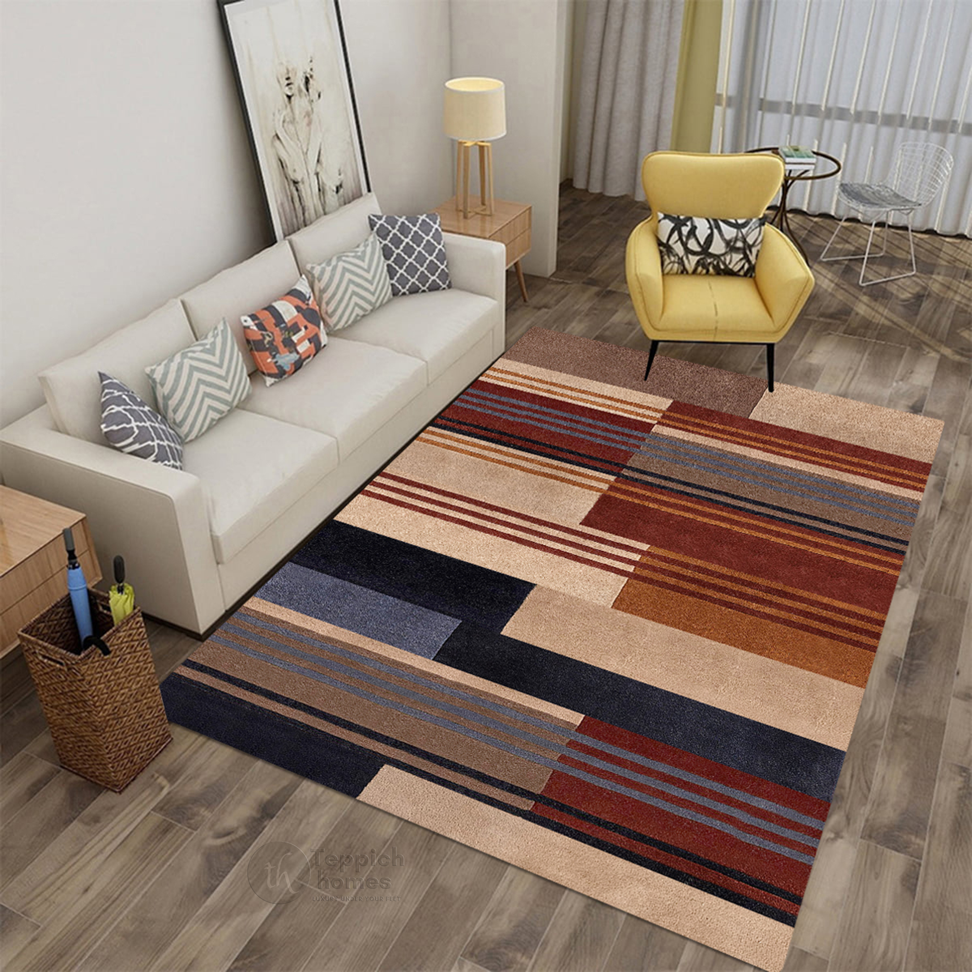 Modern Geometric Wool Area Rug Handmade Striped Carpet Contemporary Living Room and Bedroom Decor