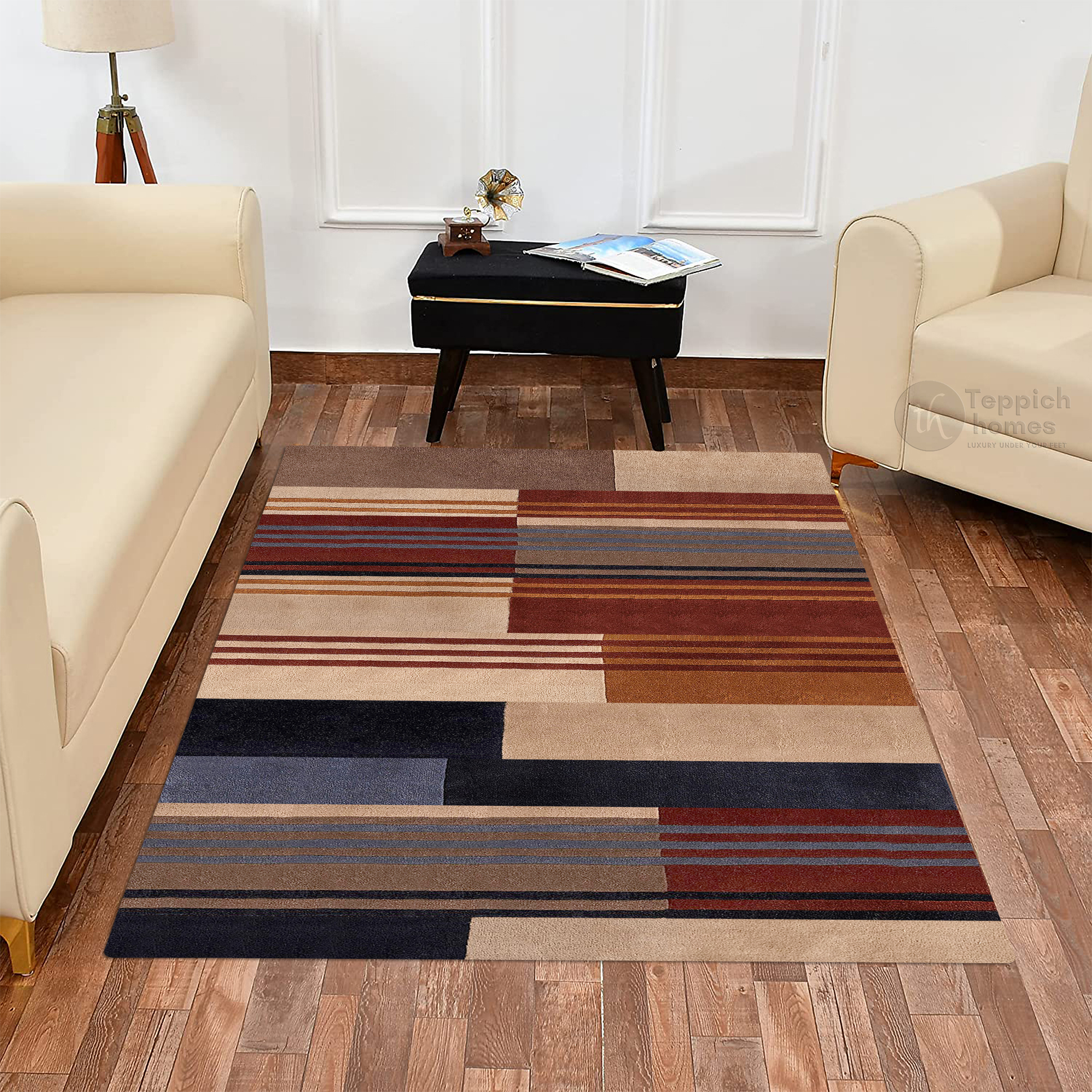 Modern Geometric Wool Area Rug Handmade Striped Carpet Contemporary Living Room and Bedroom Decor