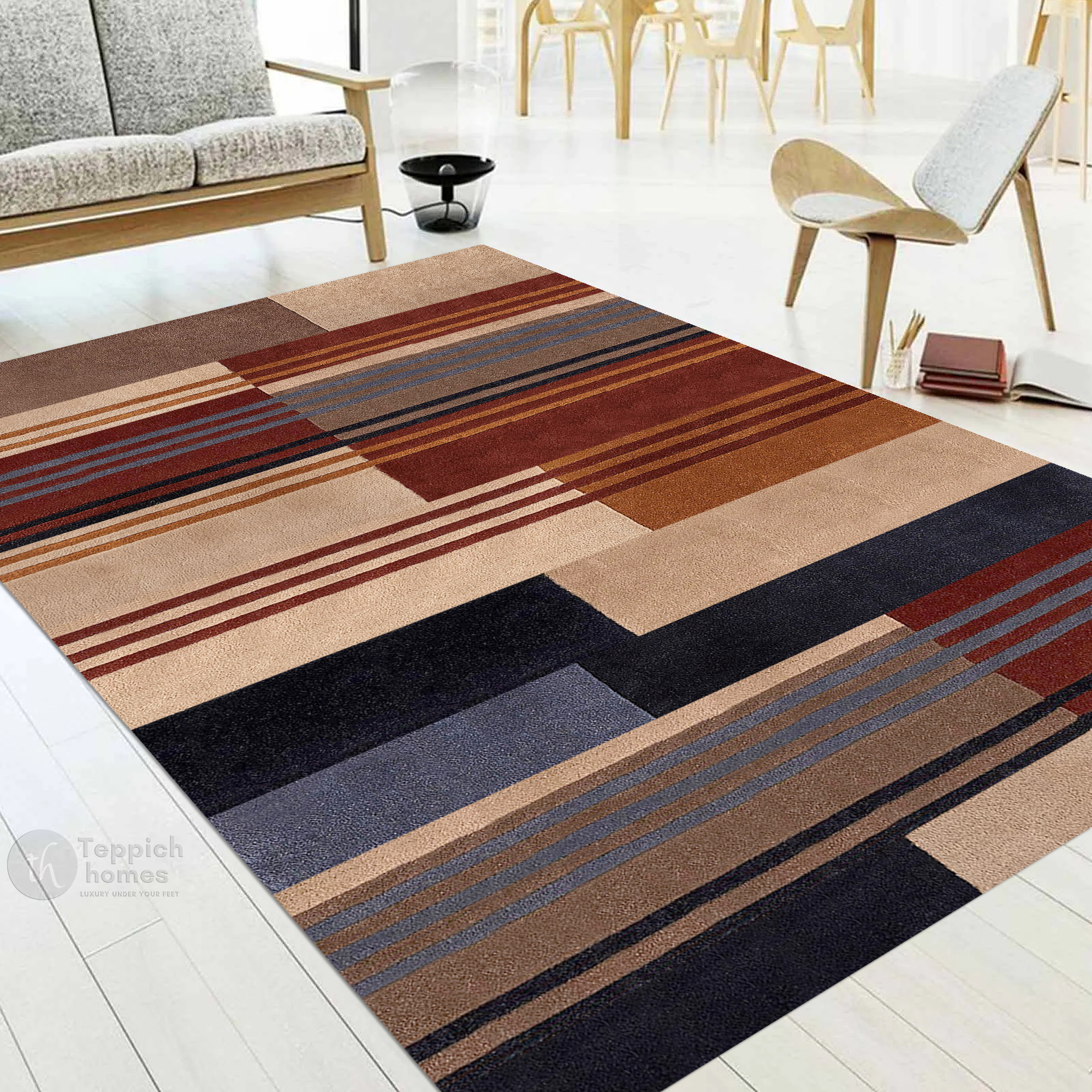 Modern Geometric Wool Area Rug Handmade Striped Carpet Contemporary Living Room and Bedroom Decor