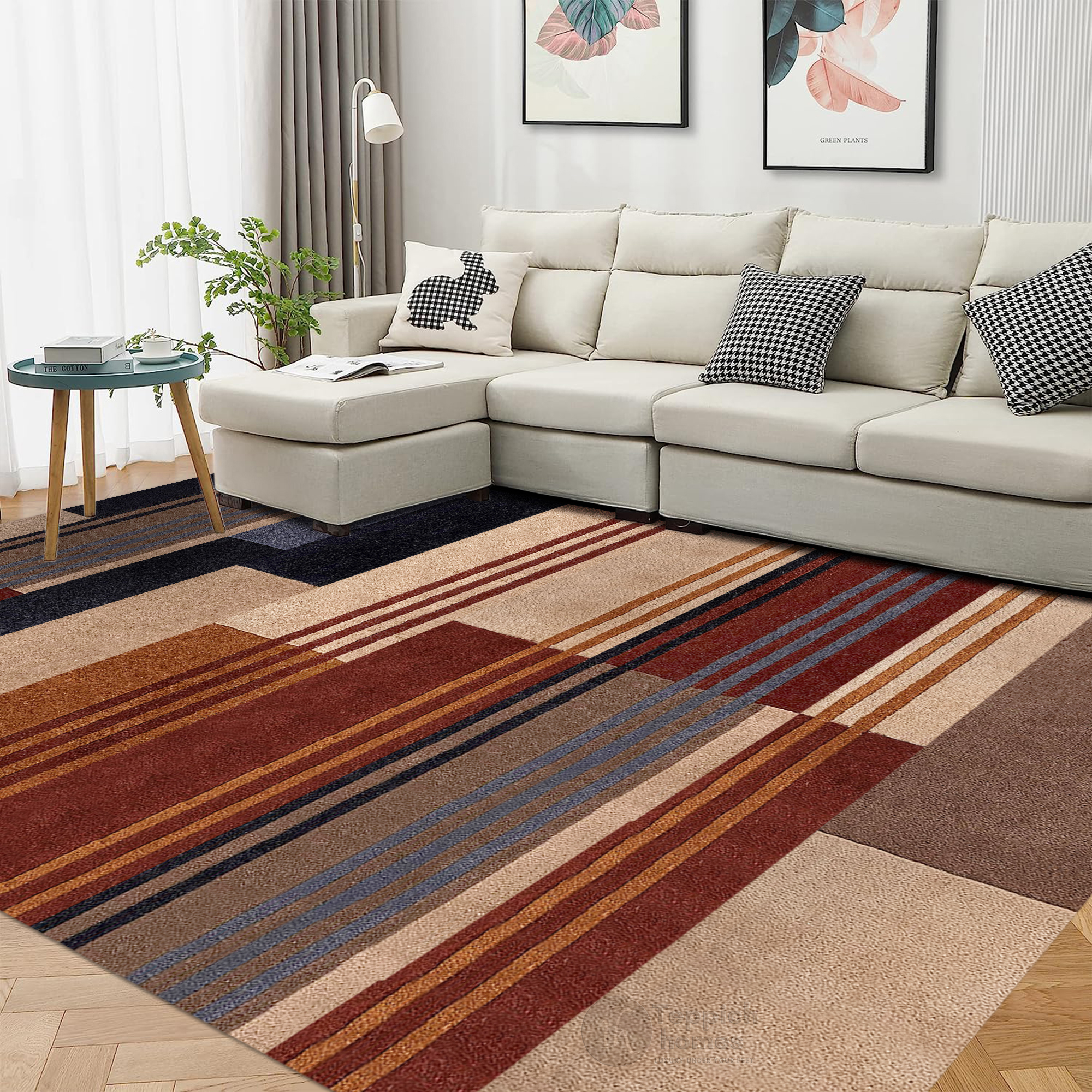 Modern Geometric Wool Area Rug Handmade Striped Carpet Contemporary Living Room and Bedroom Decor