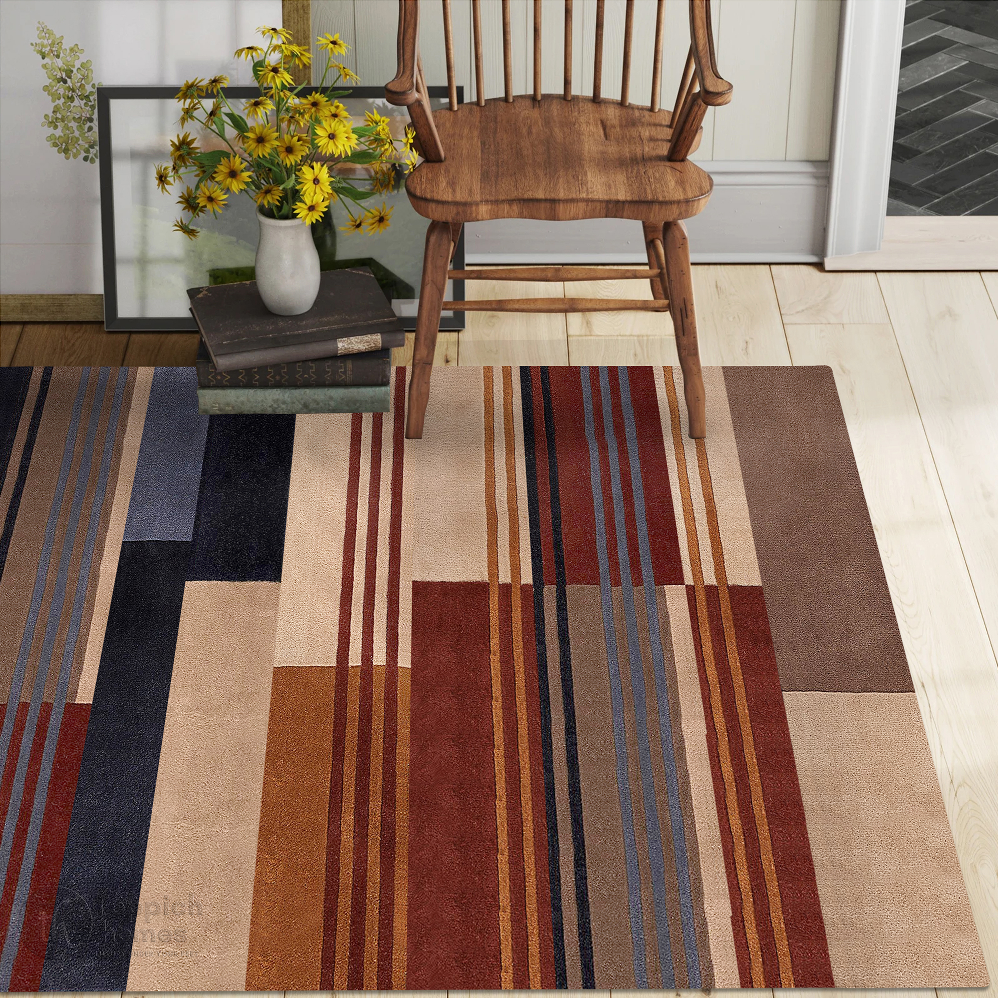 Modern Geometric Wool Area Rug Handmade Striped Carpet Contemporary Living Room and Bedroom Decor