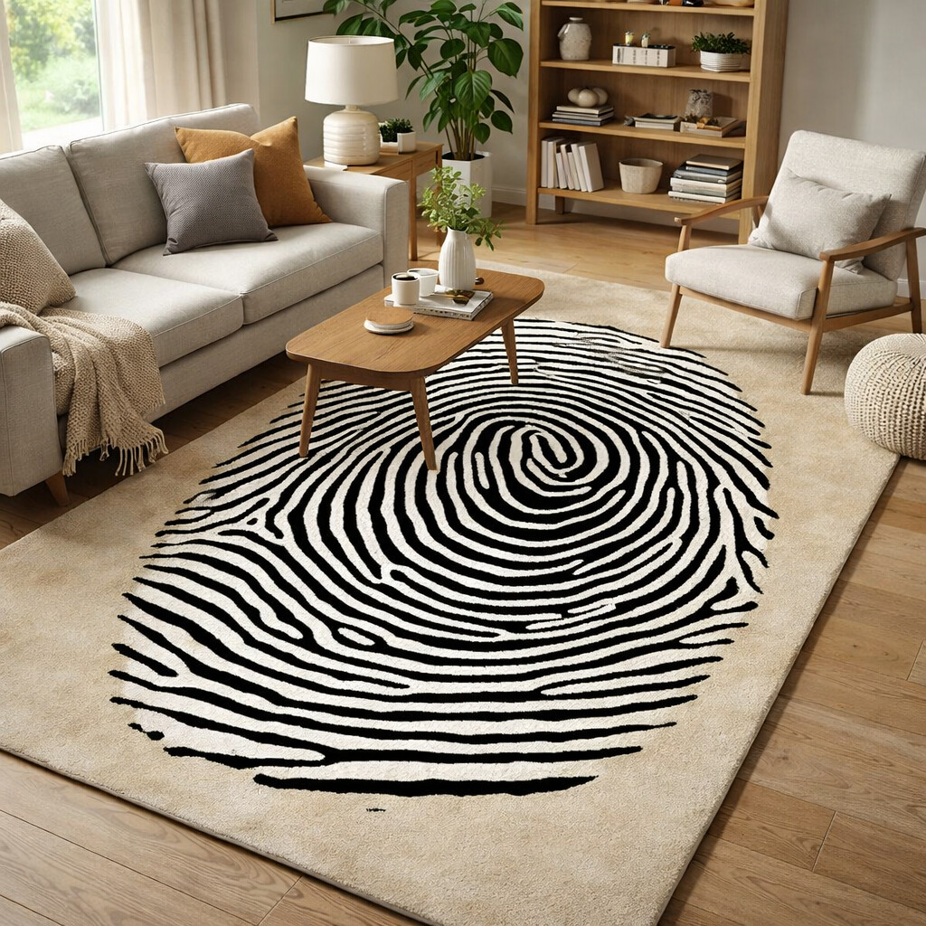 Hand Tufted Thumb Print Wool Rug Black  White Geometric Dining Room Living Room Bedroom or Hallway 5x9 6x10 8x11 9x12 Sizes