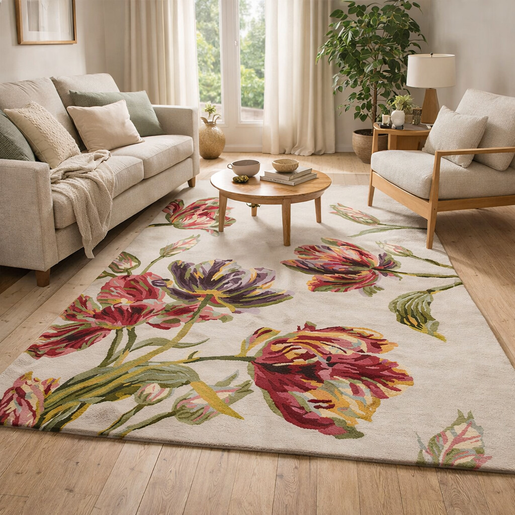 Floral Woolen Rug Hand Tufted Sizes 6x8 7x10 8x11 9x12 Bedroom Living Room Dining Room or Hallway
