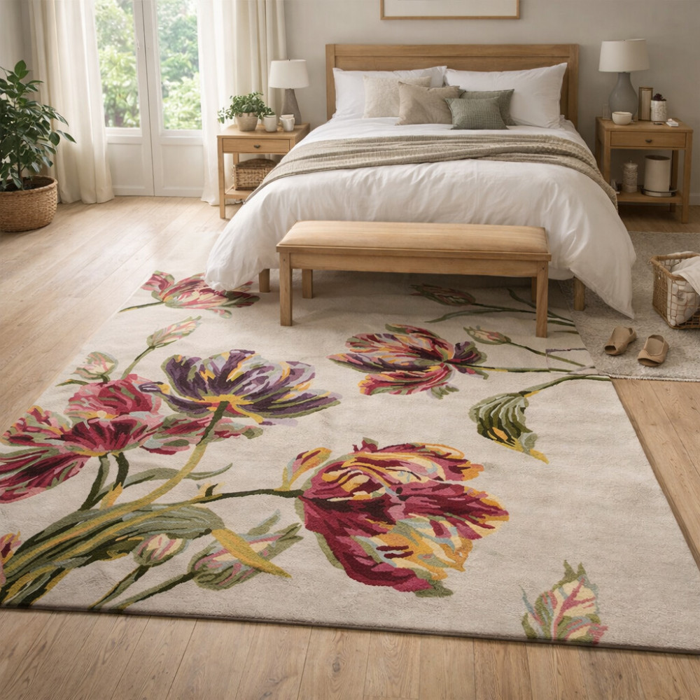 Image of Floral Woolen Rug, Hand Tufted, Sizes, 6x8, 7x10, 8x11, 9x12 Bedroom, Living Room, Dining Room, or Hallway