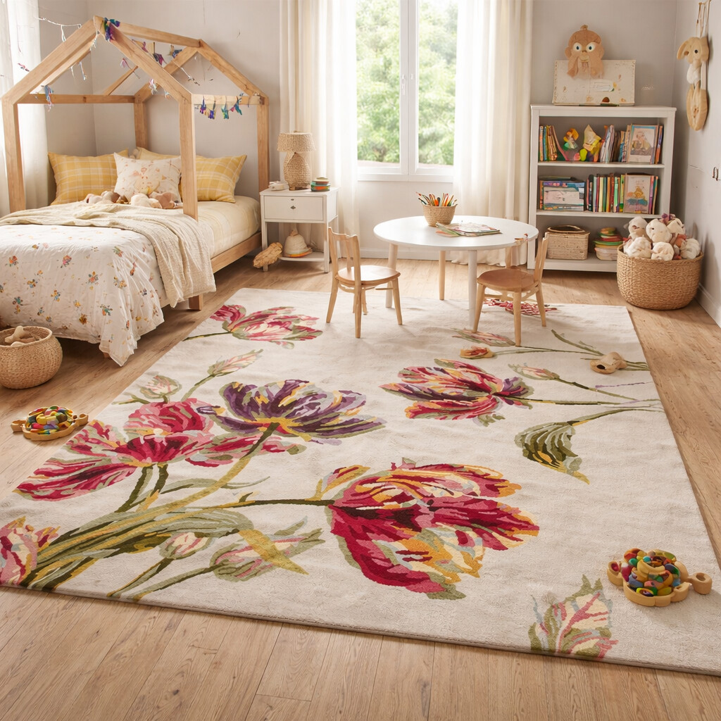 Floral Woolen Rug Hand Tufted Sizes 6x8 7x10 8x11 9x12 Bedroom Living Room Dining Room or Hallway