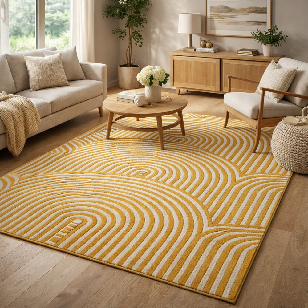 Image of 5x7 Rug, Yellow Wool, Silk 5x8, 6x8, Hand Tufted Rug For Living Room, Bedroom