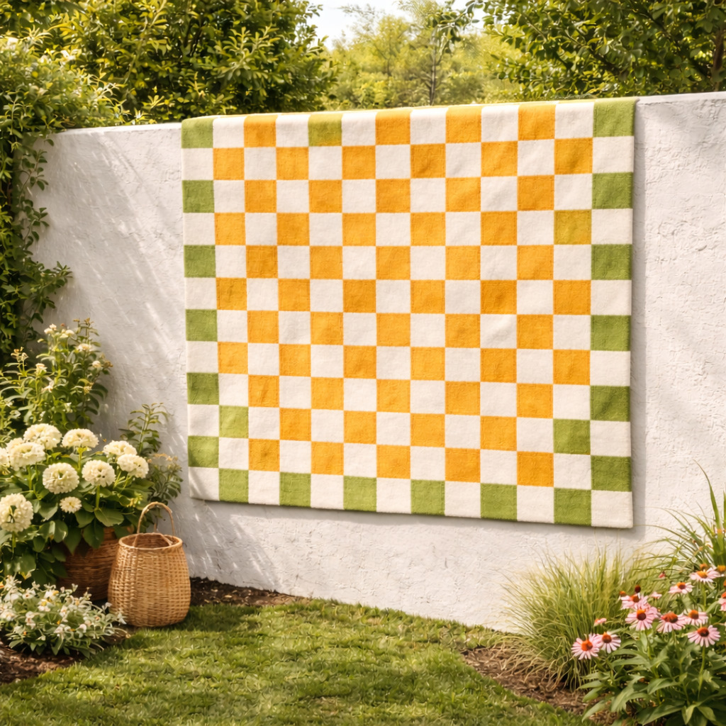 Hand Tufted White Orange Square Rug for Bedroom and Living Space  Chessboard Pattern Area Rug for Kids Room