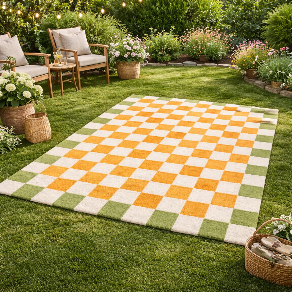 Hand Tufted White Orange Square Rug for Bedroom and Living Space  Chessboard Pattern Area Rug for Kids Room