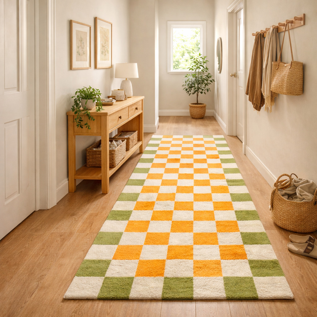 Hand Tufted White Orange Square Rug for Bedroom and Living Space  Chessboard Pattern Area Rug for Kids Room
