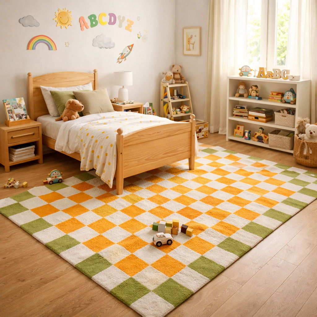 Hand Tufted White Orange Square Rug for Bedroom and Living Space  Chessboard Pattern Area Rug for Kids Room
