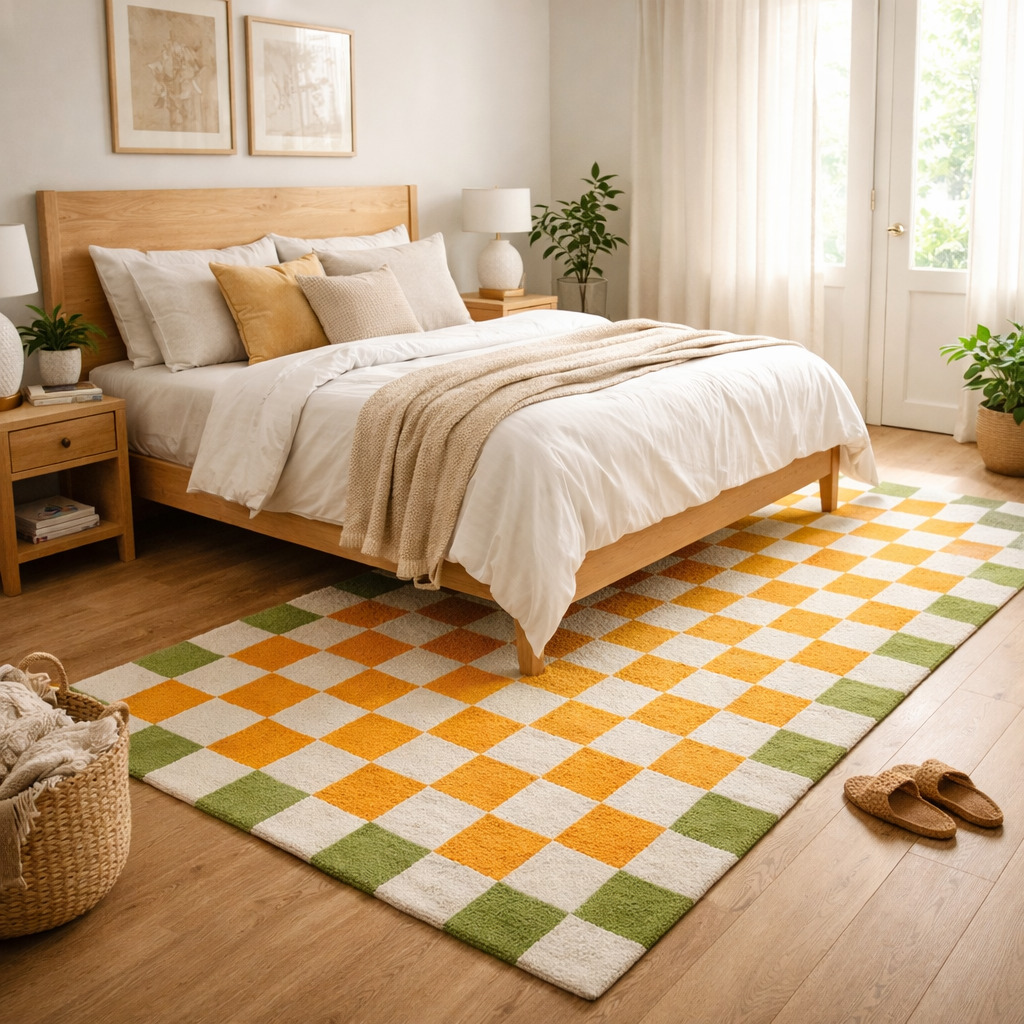 Hand Tufted White Orange Square Rug for Bedroom and Living Space  Chessboard Pattern Area Rug for Kids Room