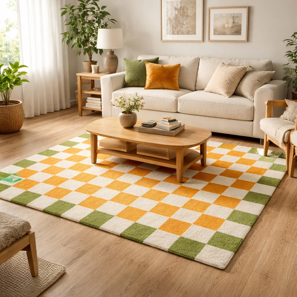 Hand Tufted White Orange Square Rug for Bedroom and Living Space  Chessboard Pattern Area Rug for Kids Room