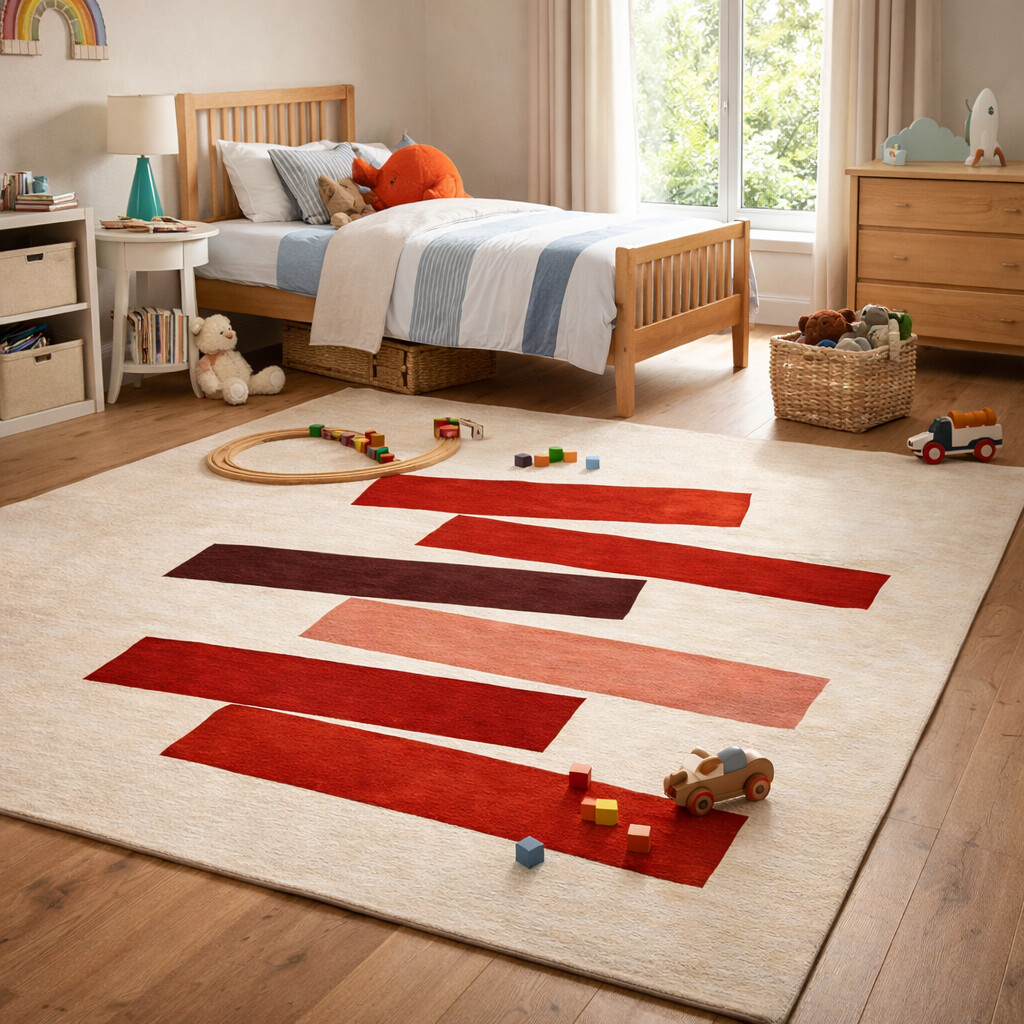 Modern Red Block Design Hand Tufted Wool Rug