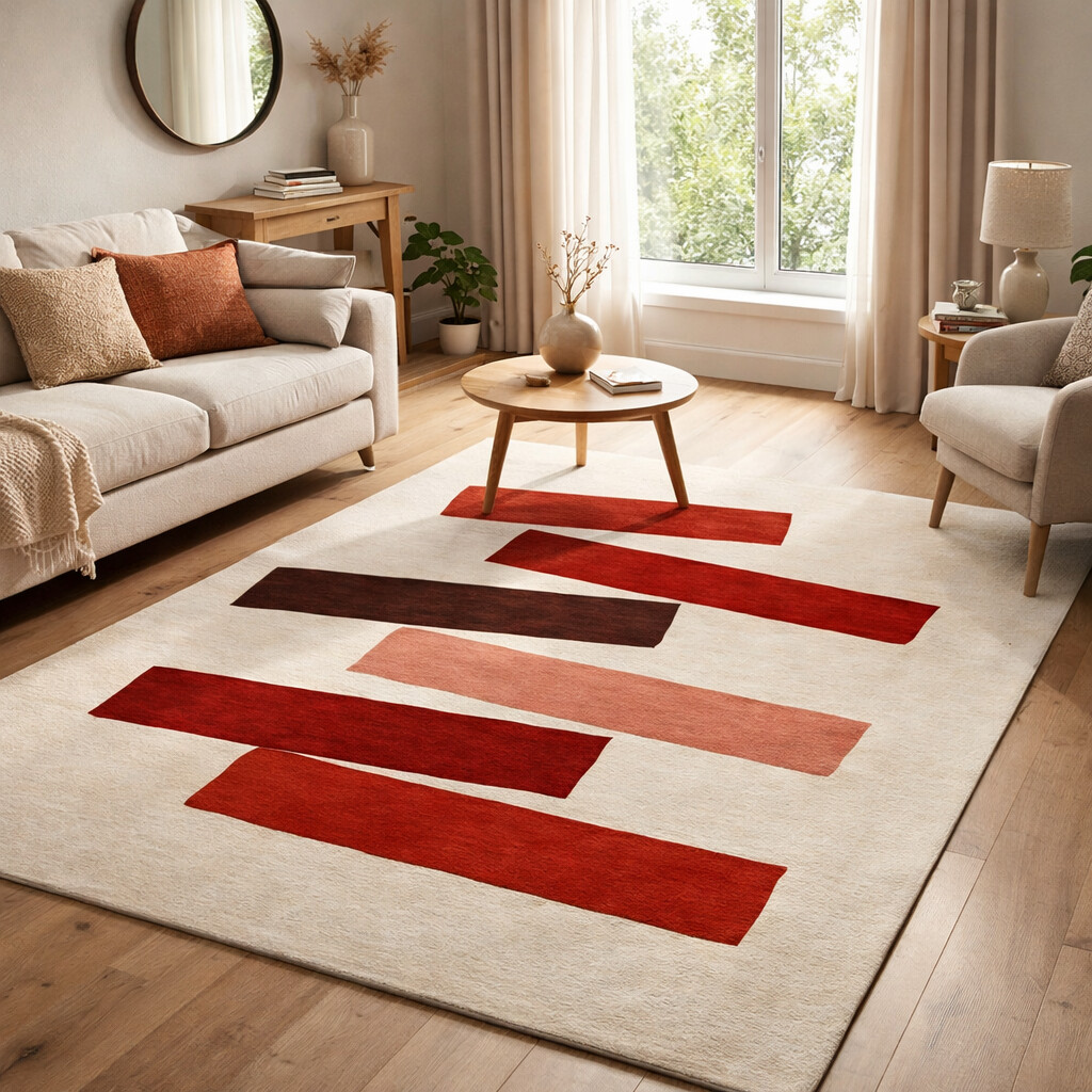 Modern Red Block Design Hand Tufted Wool Rug