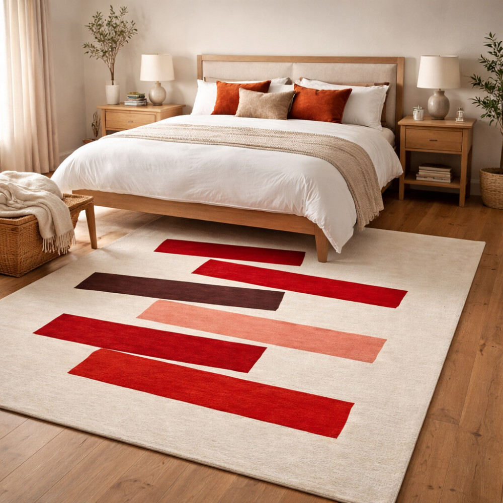 Modern Rug Red Pattern Modern Red Block Design Hand Tufted Wool Rug | Geometric Pattern Rug