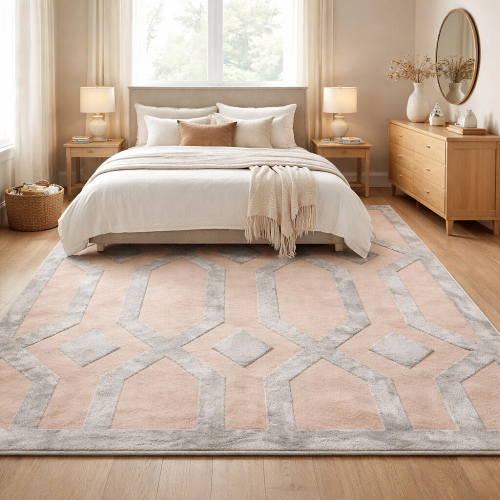 Image of Modern Geometric Hand Tufted Rug  Beige and Silver