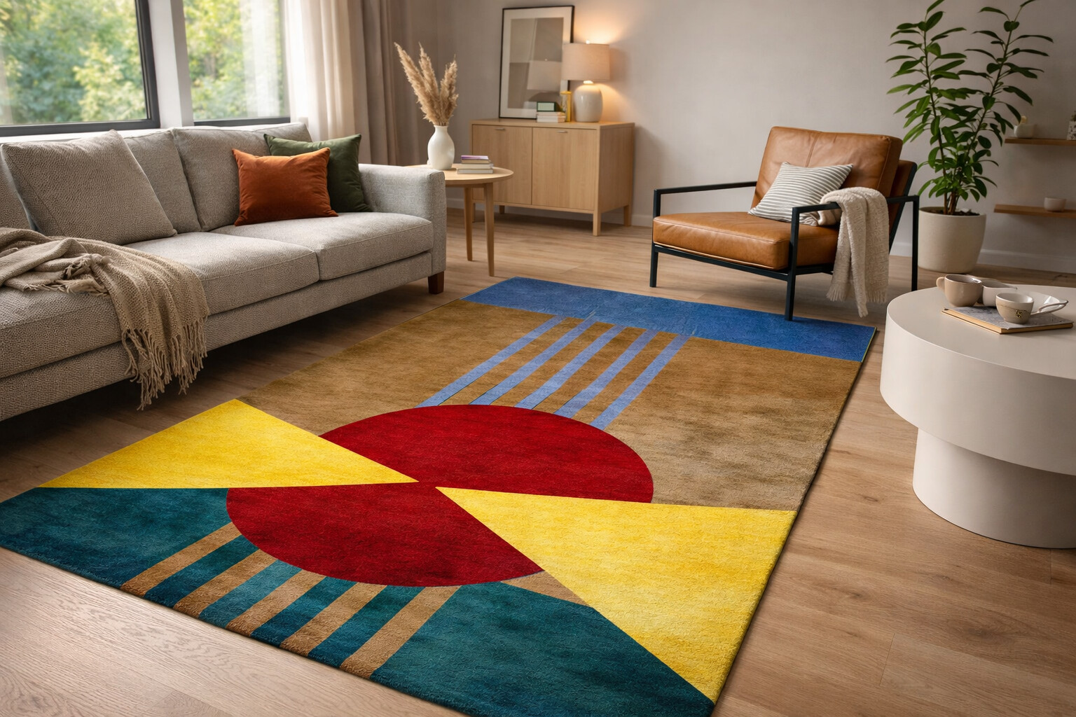 Vibrant Modern Art Rug with Red Circle