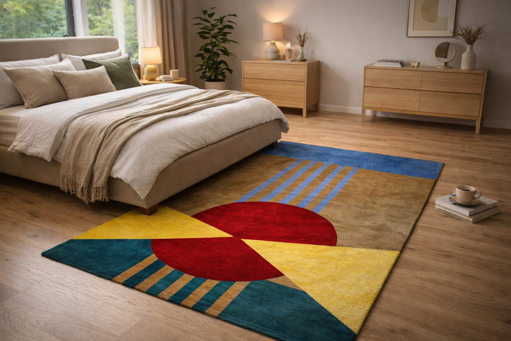 Vibrant Rectangular Rug Vibrant Modern Art Rug with Red Circle | Multicolor Tufted Rug