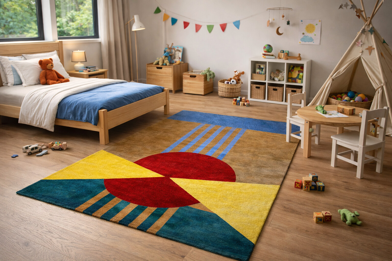 Vibrant Modern Art Rug with Red Circle