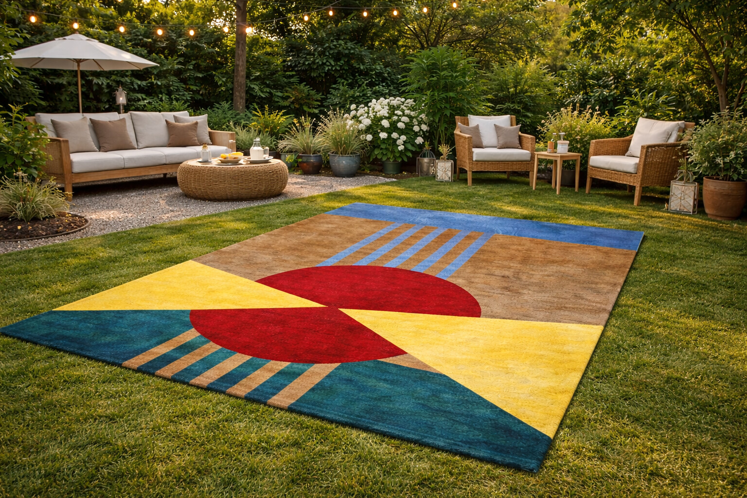 Vibrant Modern Art Rug with Red Circle