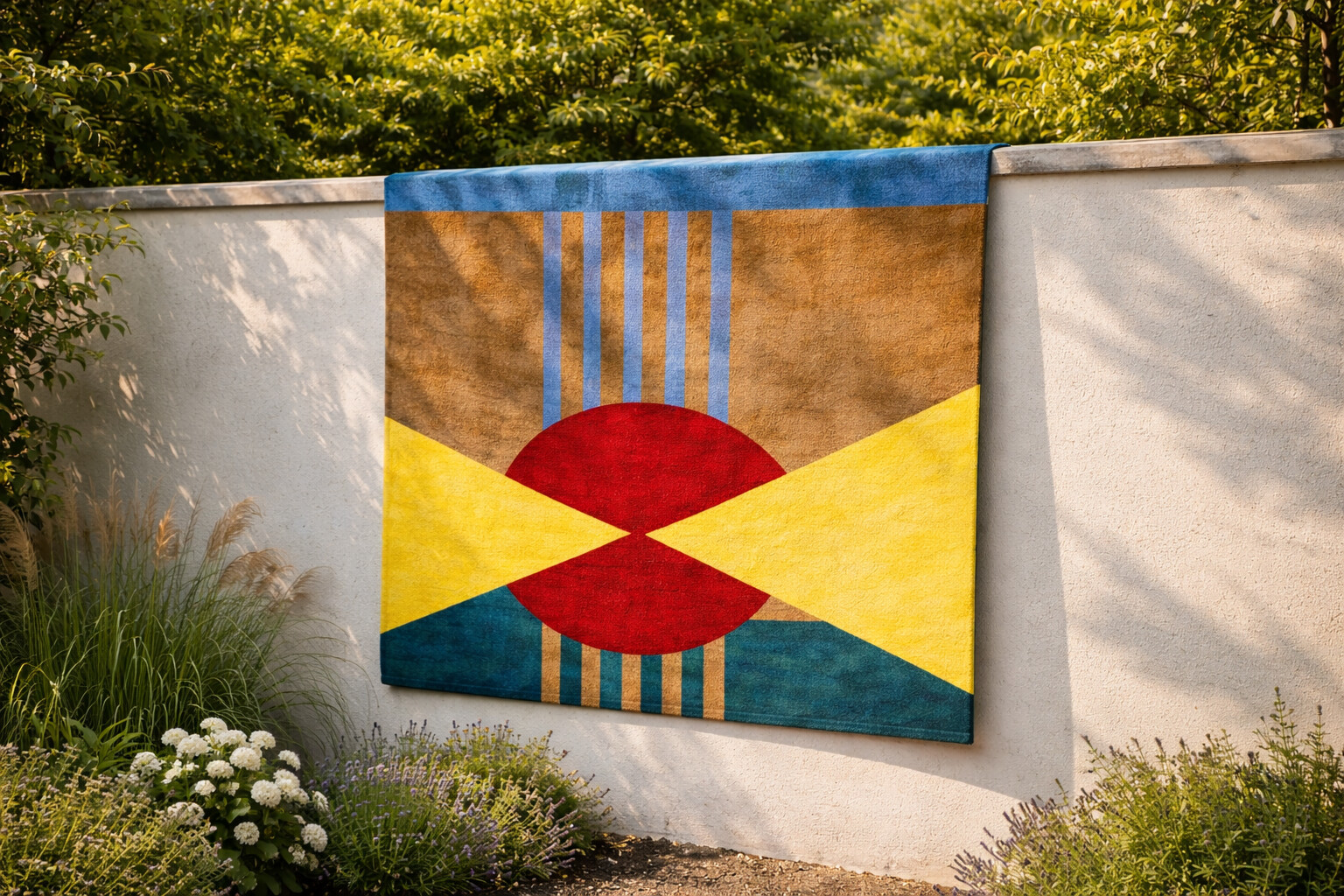 Vibrant Modern Art Rug with Red Circle