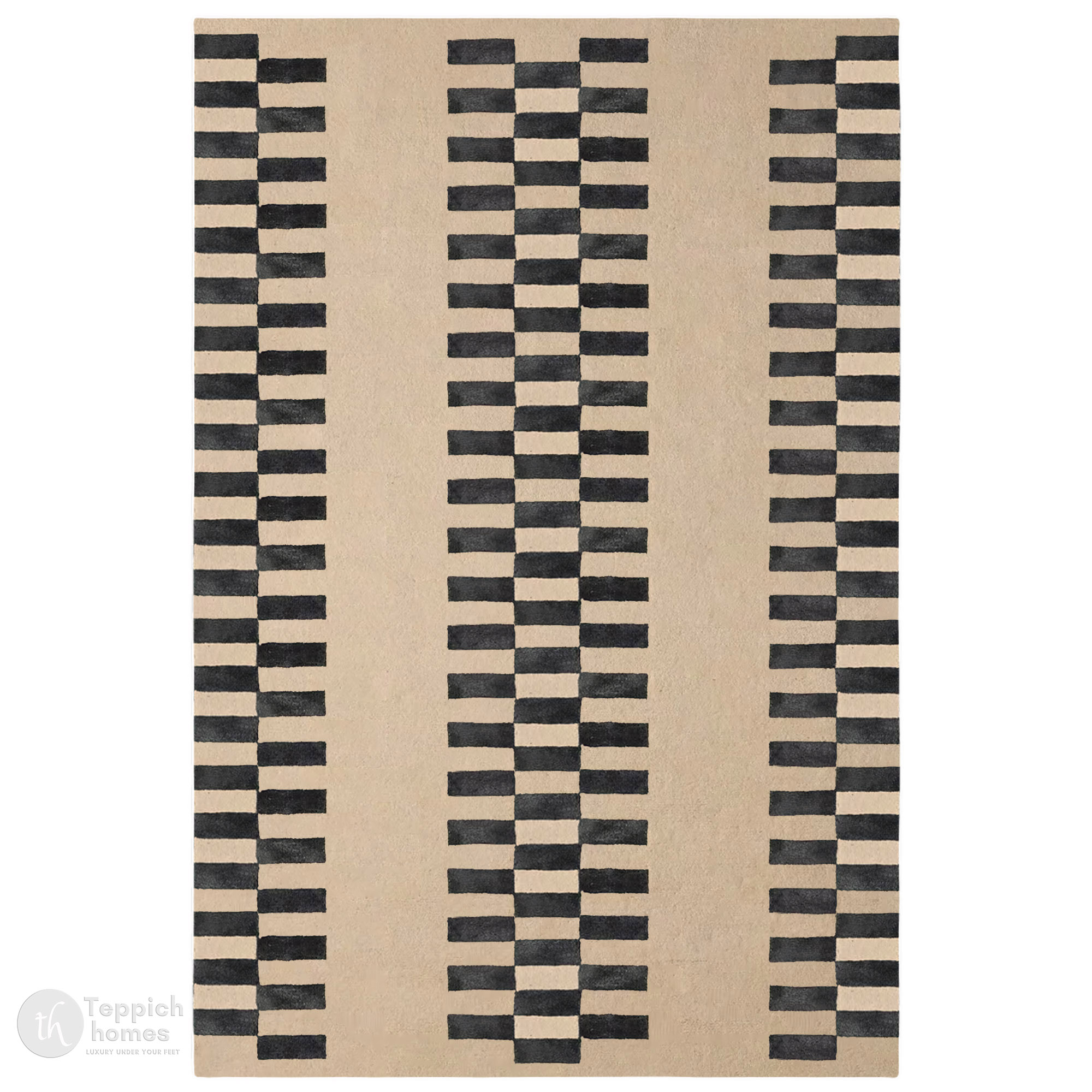 Beige and Black Geometric Rug with Checkered Stripe Design Modern Contemporary Carpet