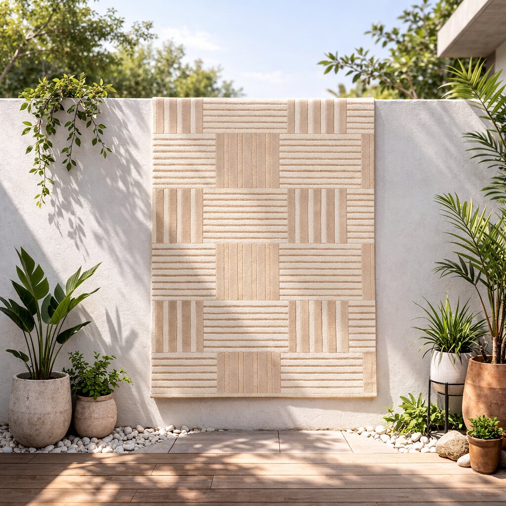 Beige Geometric Striped Area Rug Modern Hand Tufted Carpet for Living Room and Bedroom Dcor