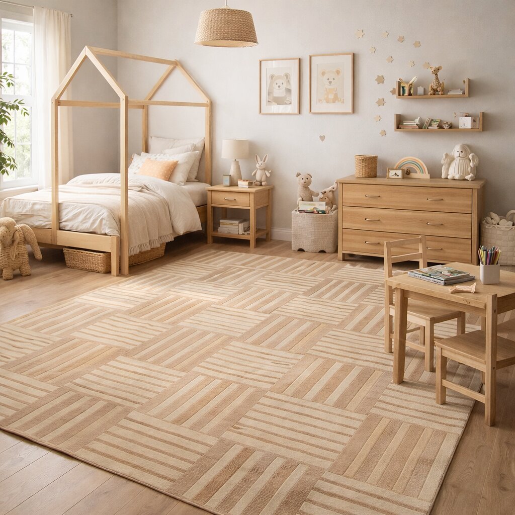 Beige Geometric Striped Area Rug Modern Hand Tufted Carpet for Living Room and Bedroom Dcor