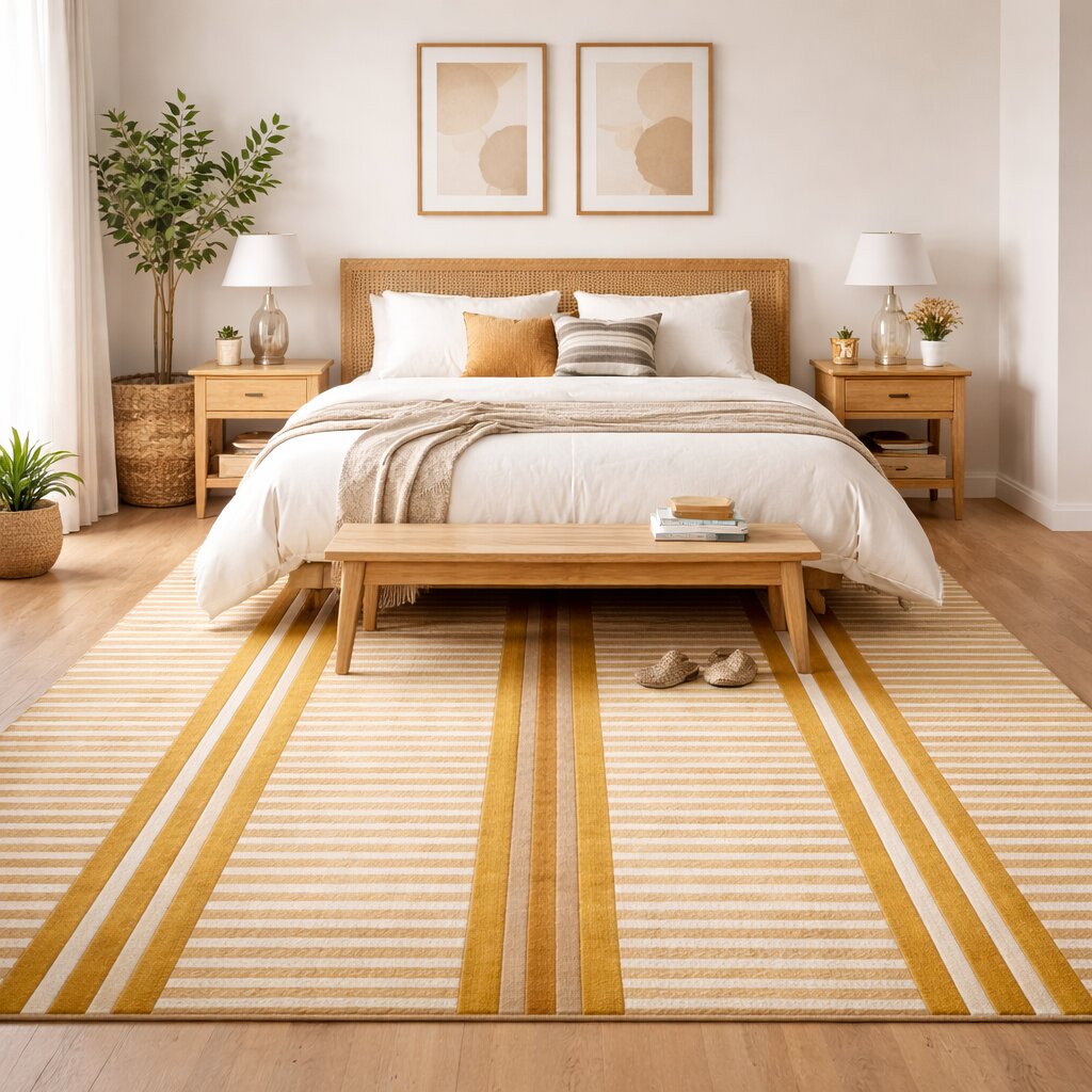 Modern Beige Striped Area Rug Contemporary Geometric Carpet for Living Room and Bedroom