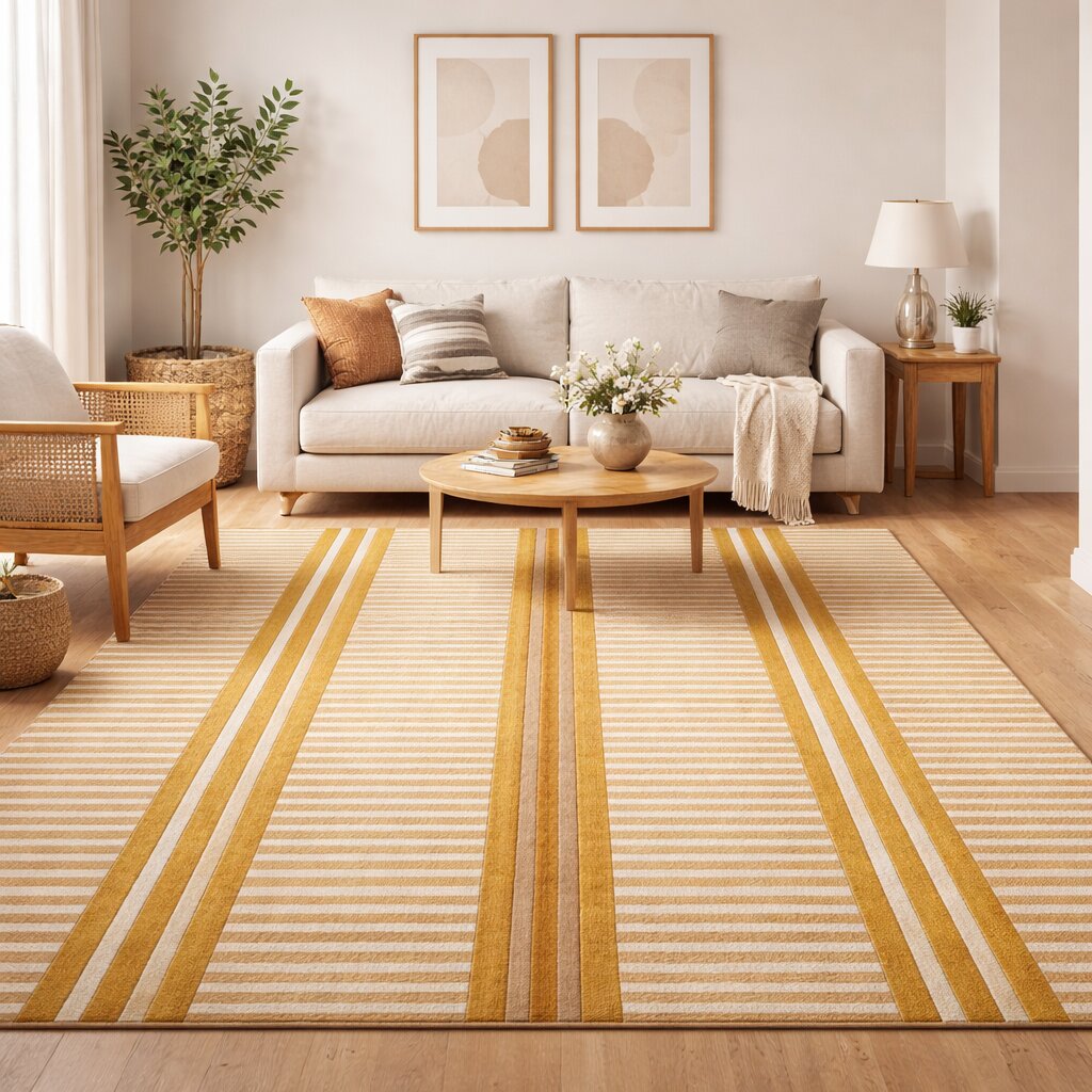 Modern Beige Striped Area Rug Contemporary Geometric Carpet for Living Room and Bedroom
