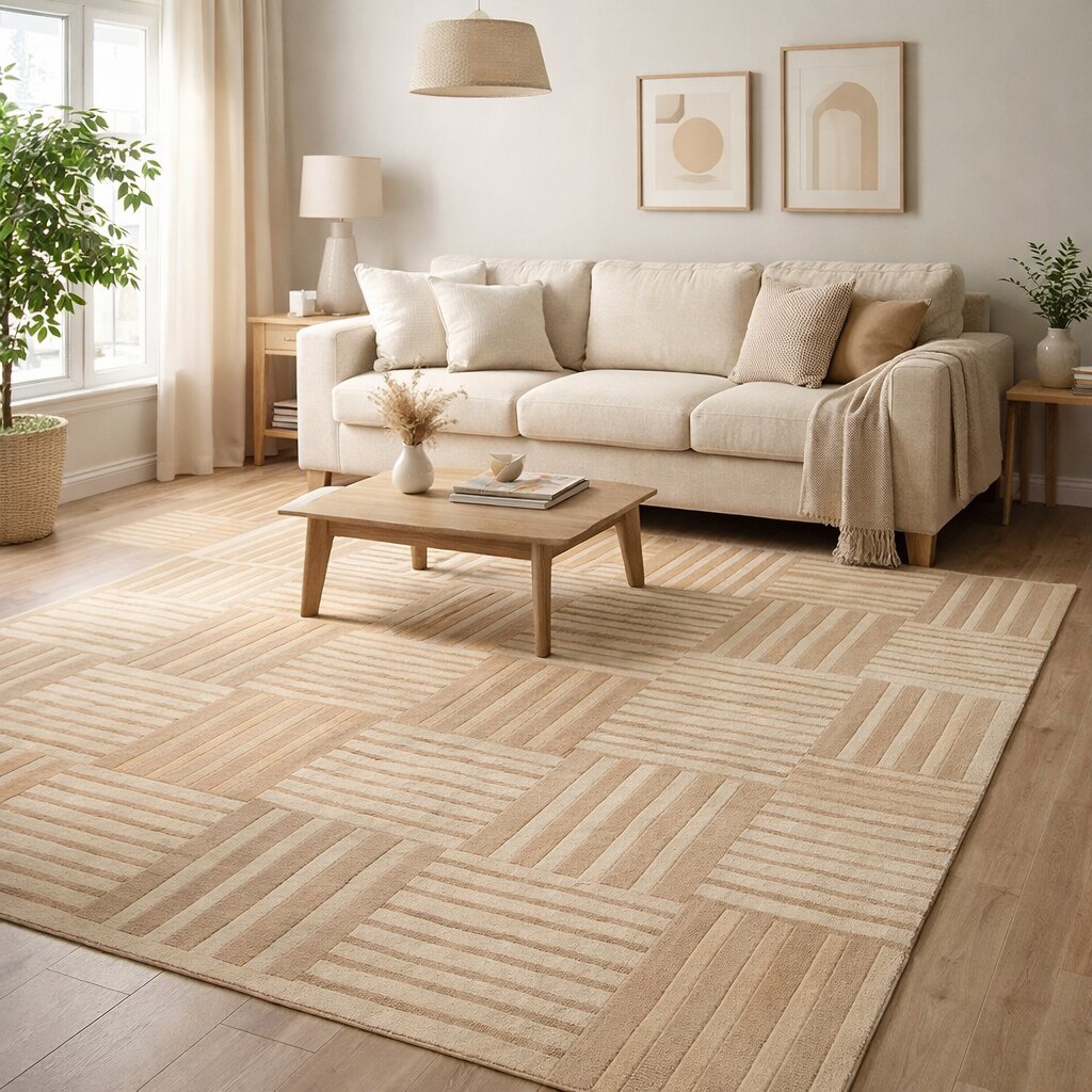 Beige Geometric Striped Area Rug Modern Hand Tufted Carpet for Living Room and Bedroom Dcor