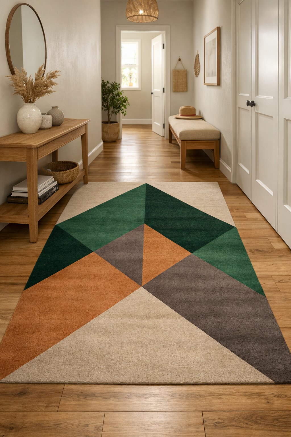 Beige Geometric Area Rug Modern Wool Carpet with Green and Brown Accents for Living Room and Bedroom