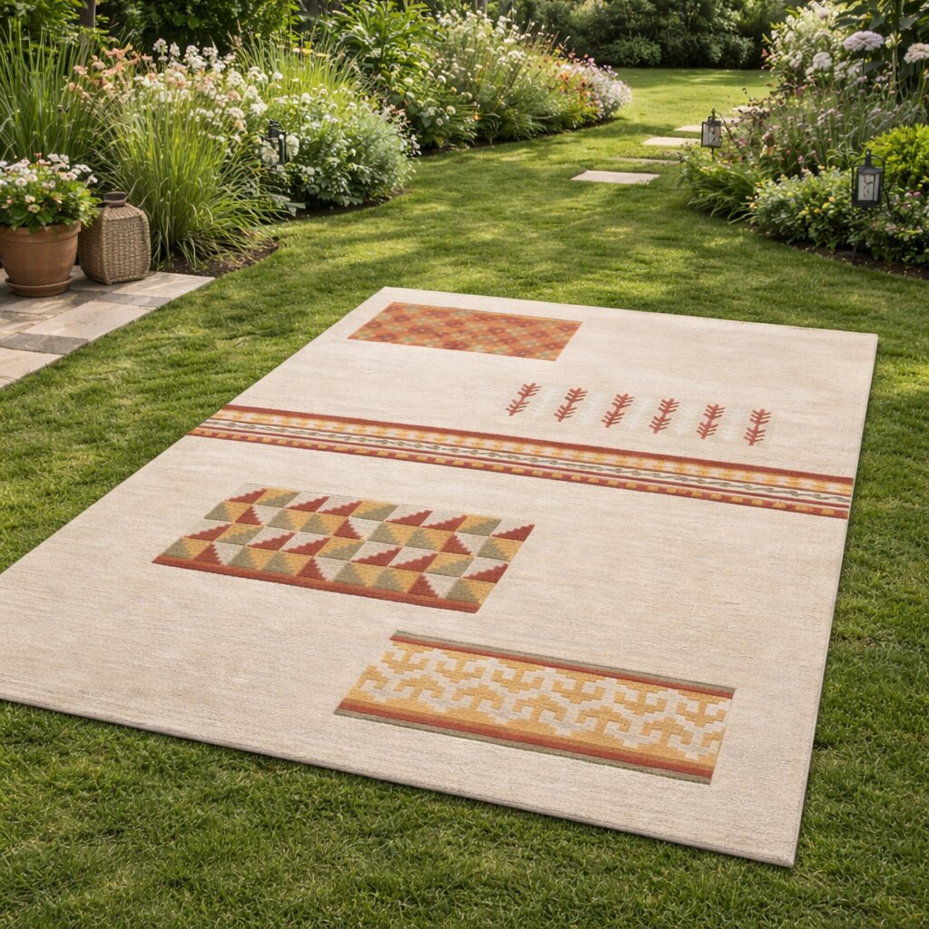 Beige Modern Wool Area Rug with Geometric and Tribal Pattern Handcrafted Designer Carpet