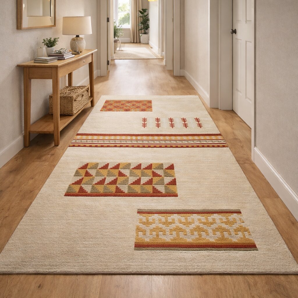 Beige Modern Wool Area Rug with Geometric and Tribal Pattern Handcrafted Designer Carpet