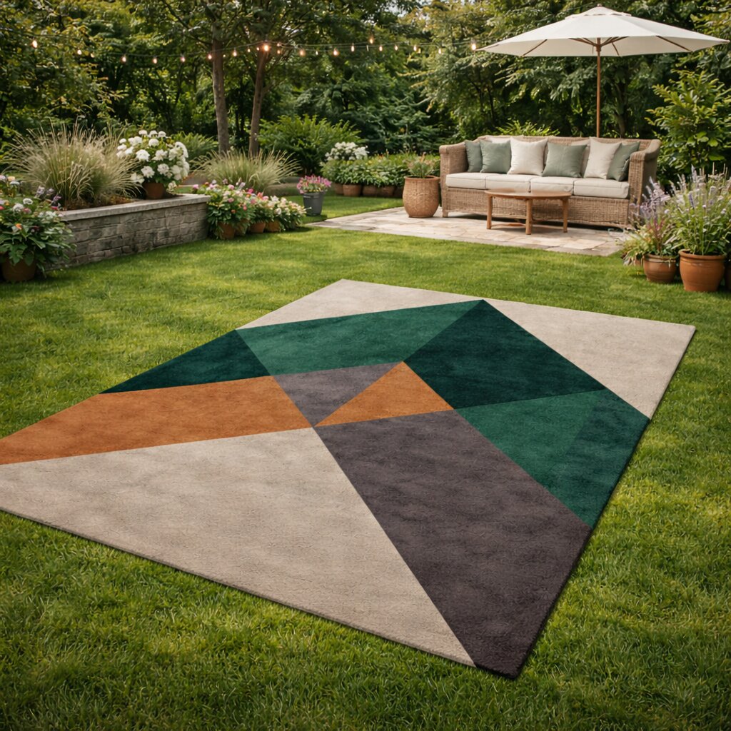 Beige Geometric Area Rug Modern Wool Carpet with Green and Brown Accents for Living Room and Bedroom